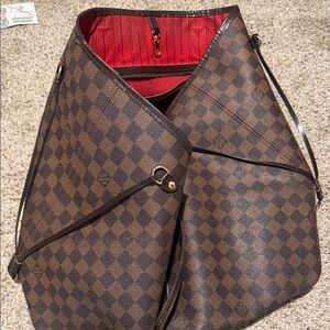 Louis Vuitton Brown Damier Ebene Hobo Tote with Red Interior